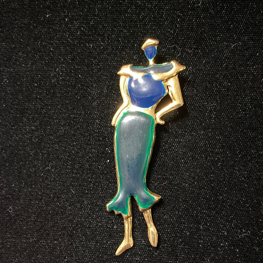 Elegant vintage Gold woman with blue and green accented Fashion Brooch pin
